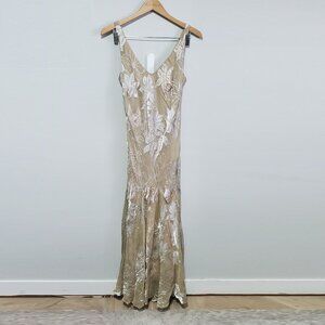 ALEX EVENINGS Sequin & Sheer Silk Formal Maxi Dress Floral Champagne Women's 14